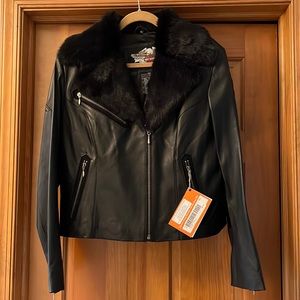 BNWT HARLEY DAVIDSON WOMENS BLACK LEATHER JACKET WITH RABBIT FUR TRIM
